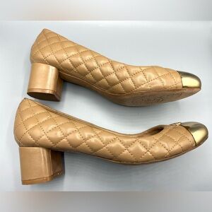 Tory Burch Tan Quilted Leather low heels with Gold Accents. Size 10.